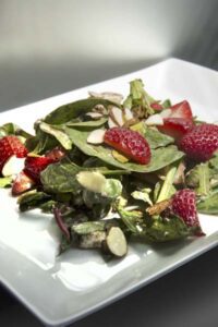 strawberry, chicken, salad, mixed greens, balsamic, feta and almonds