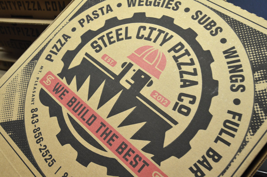 customized pizza box at steel city pizza company in Charleston South Carolina