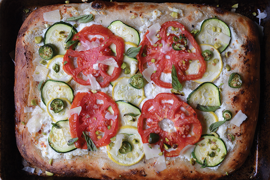 summertime pie, zucchini, tomato, ricotta, pizza