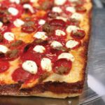 detroit pizza, detroit-style pizza, square pizza, sauce on top