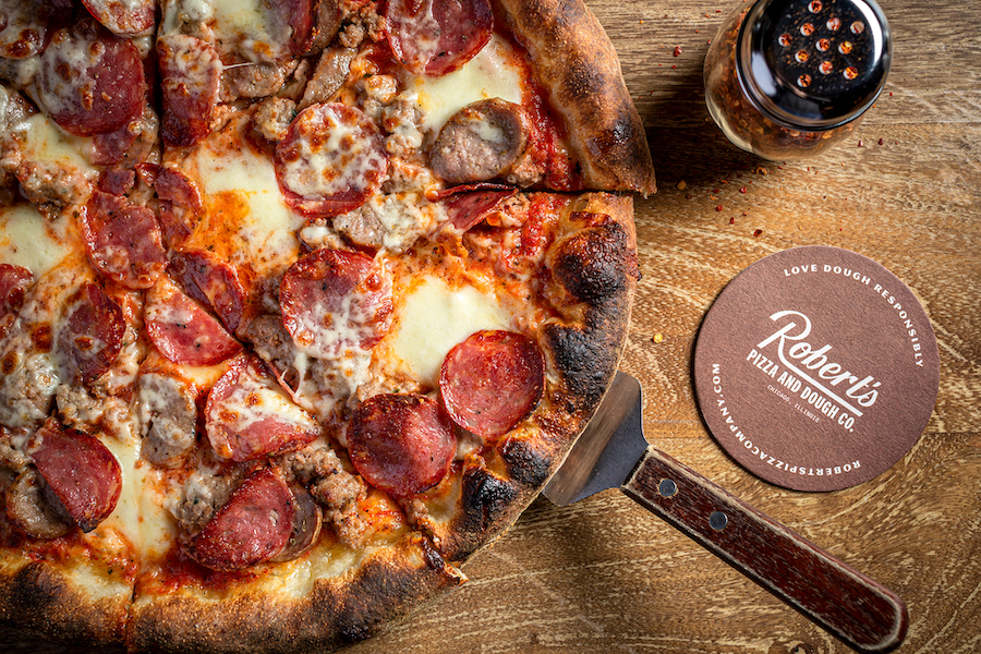 cup and char pepperoni pizza, Robert's Pizza and Dough Company, Chicago Illinois, on the Chicago River