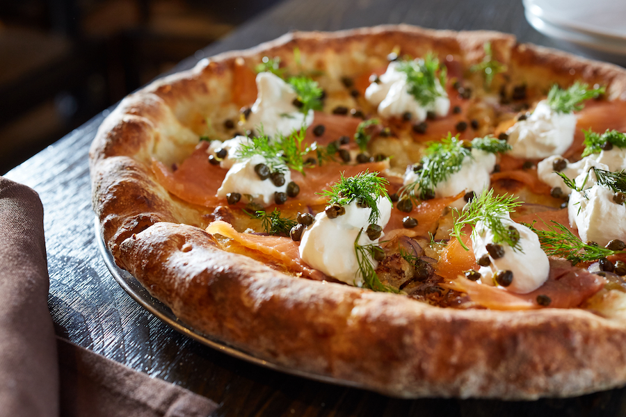 lox pizza, Robert's Pizza and Dough Company, Chicago Illinois, on the Chicago River