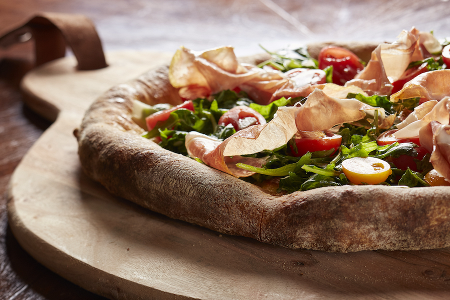 Prosciutto Arugula Pizza, Robert's Pizza and Dough Company, Chicago Illinois, on the Chicago River