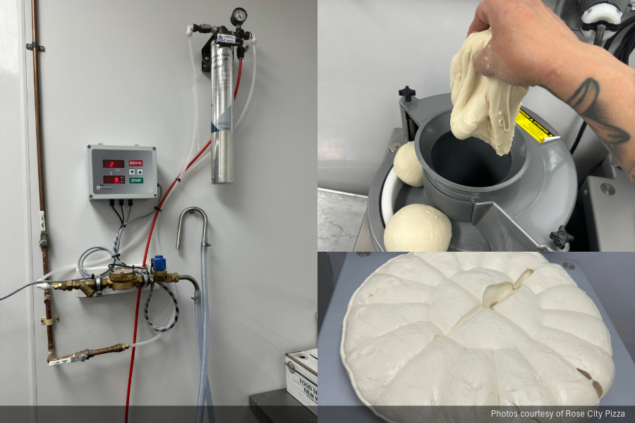Images of kitchen automation technologies at Rose City Pizza in California.