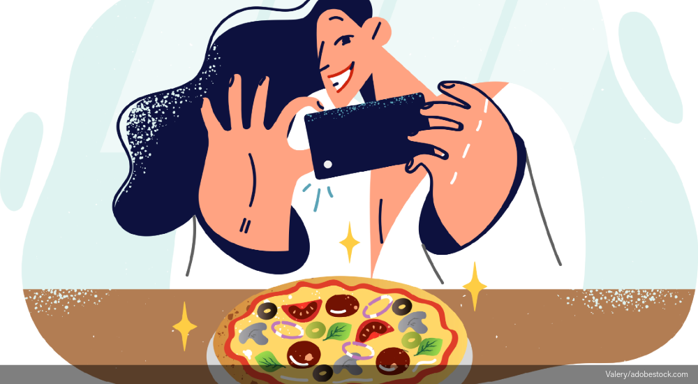 Illustrated image of woman taking a photo of a pizza with her cell phone.