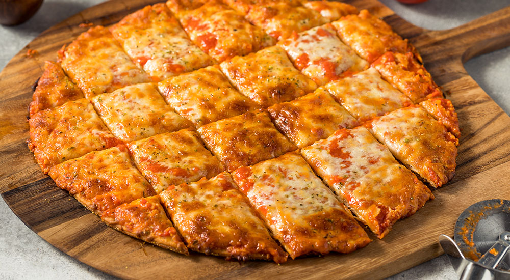 Image of homemade Tavern Style Cut Cheese PIzza.