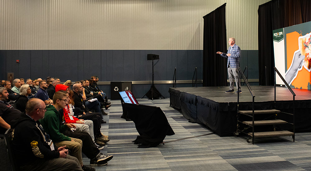 Image of Kevin King, CEO of Donatos, giving the keynote address at Pizza Expo Columbus on Oct. 27, 2025.