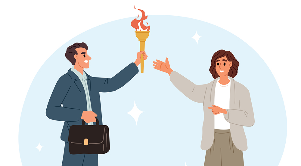 Illustration of man passing the torch to a woman.