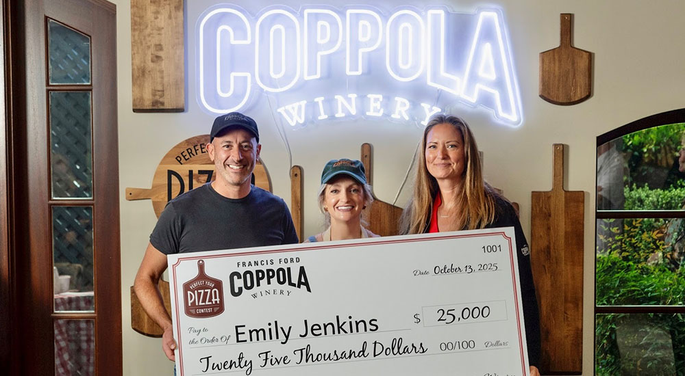 Image of Emily Jenkins (center), who won Francis Ford Coppola Winery’s 2025 “Perfect Your Pizza" Competition.