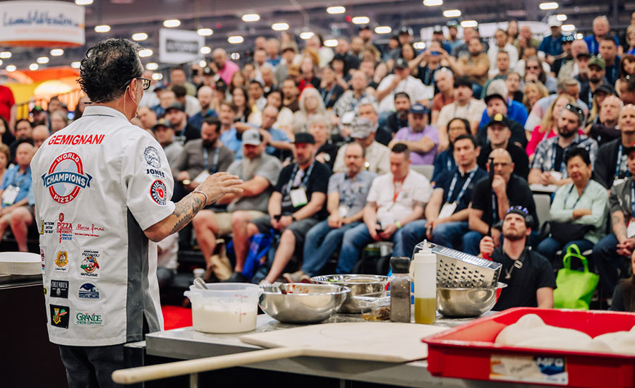 Image of Tony Gemignani giving a demonstration at Pizza Expo 2026