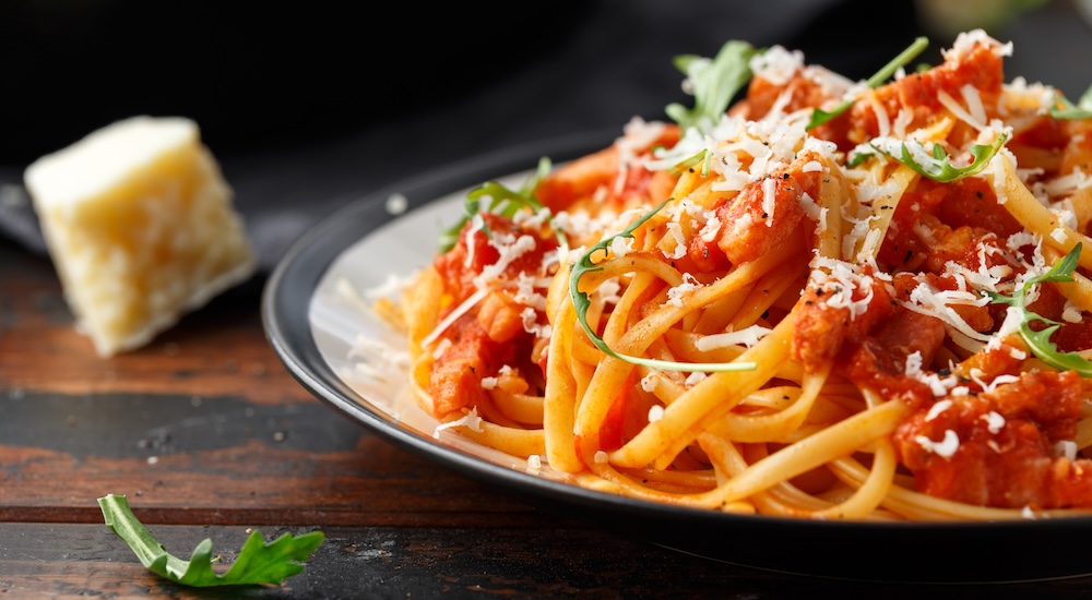 Spaghetti alla Amatriciana with pancetta bacon, tomatoes and pecorino cheese