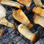 Image of slices of brown king oyster mushrooms being cooked on char grill