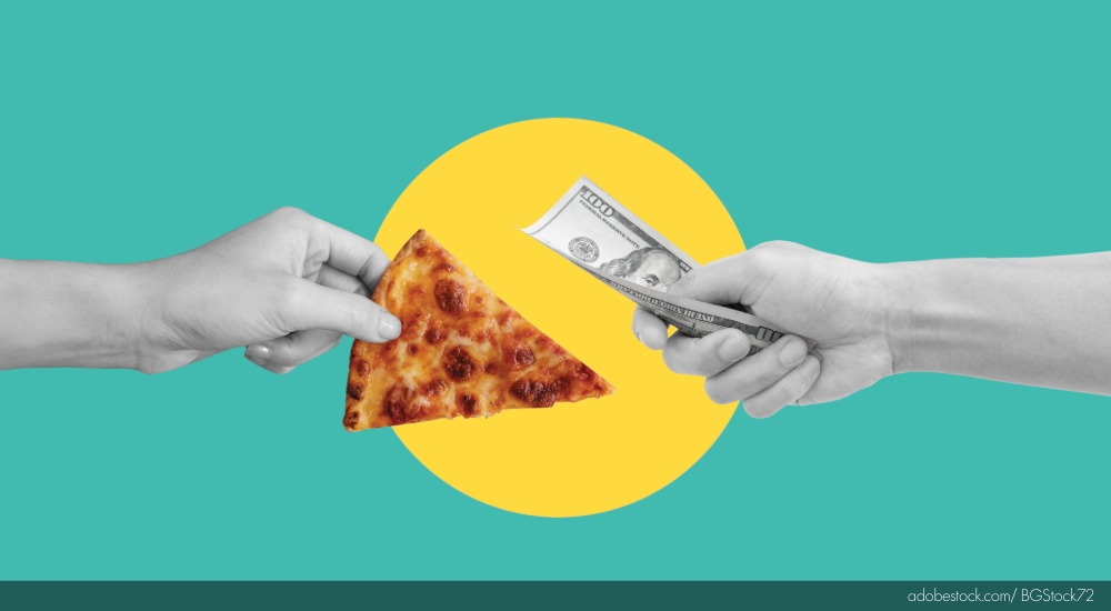 Image of hands trading a pizza slice for money.