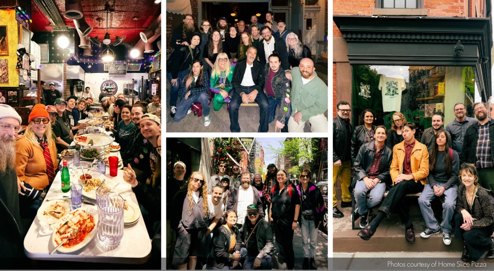 Image of Home Slice Pizza employees at various spots during the company's New York trip.