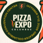 Image of Pizza Expo Columbus logo between pizza lightning bolts.