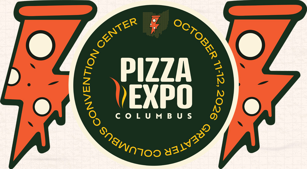 Image of Pizza Expo Columbus logo between pizza lightning bolts.