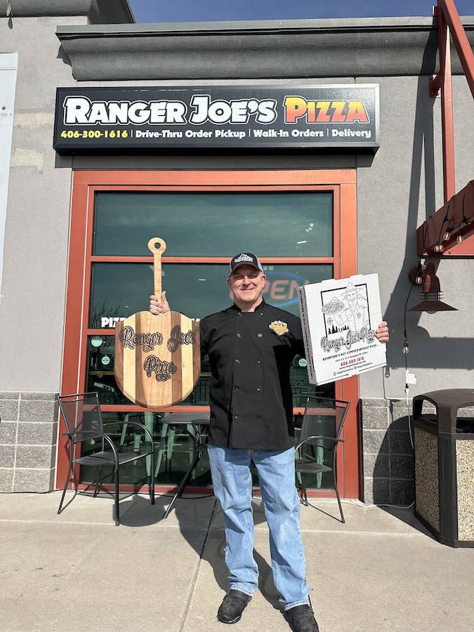 branded pizza peel, branded pizza box, owner Joe Ledwidge, Ranger Joe's Pizza, Kalispell Montana, pizza place in Montana